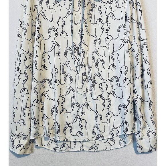 Asos Top Womens Small White Black Abstract Face Print Tie Neck Artsy Boho - Picture 2 of 7